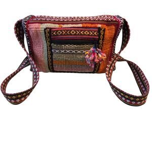 Vintage Dormeuil Woven Purse Bag England USA Boho Hippie Pom Pom